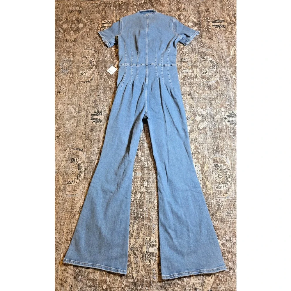 Free People We The Free Jayde Denim Jumpsuit Sunburst Blue Bell Flare L NWT